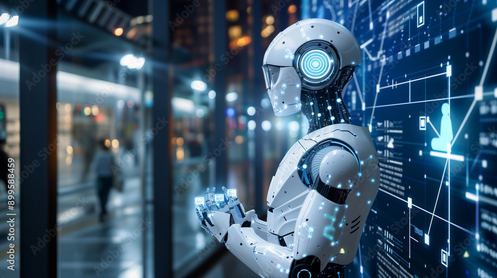 Fototapeta premium create a thumbnail for the article 100+ AI Statistics for hybrid and remote work, with AI and people in the image 