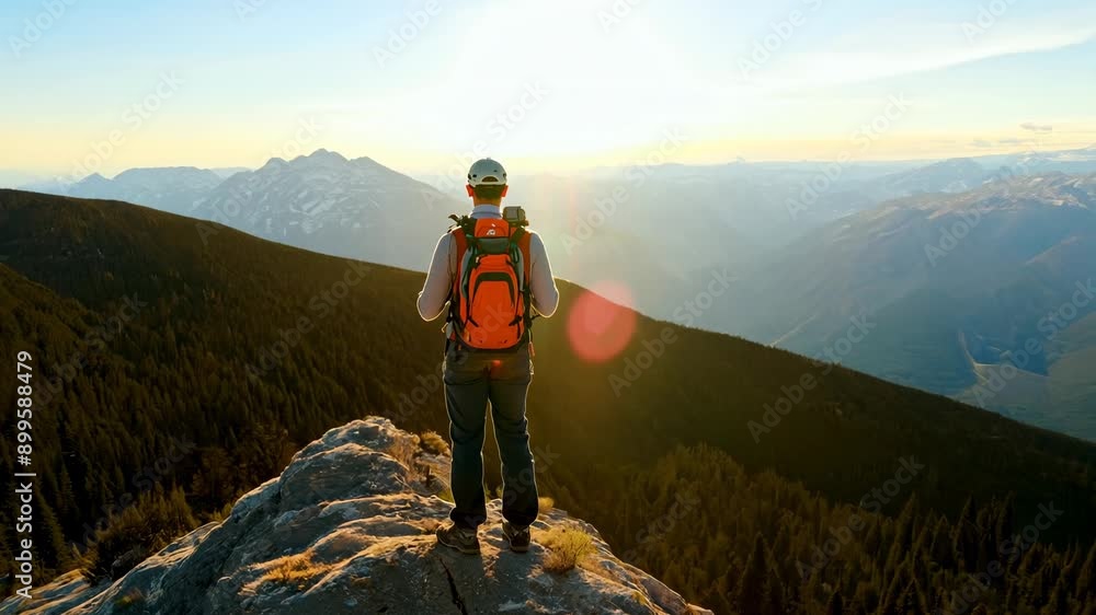 Hiker enjoys scenic sunrise view from rocky summit in majestic mountains Hiker enjoys scenic sunrise view from rocky summit in majestic mountains