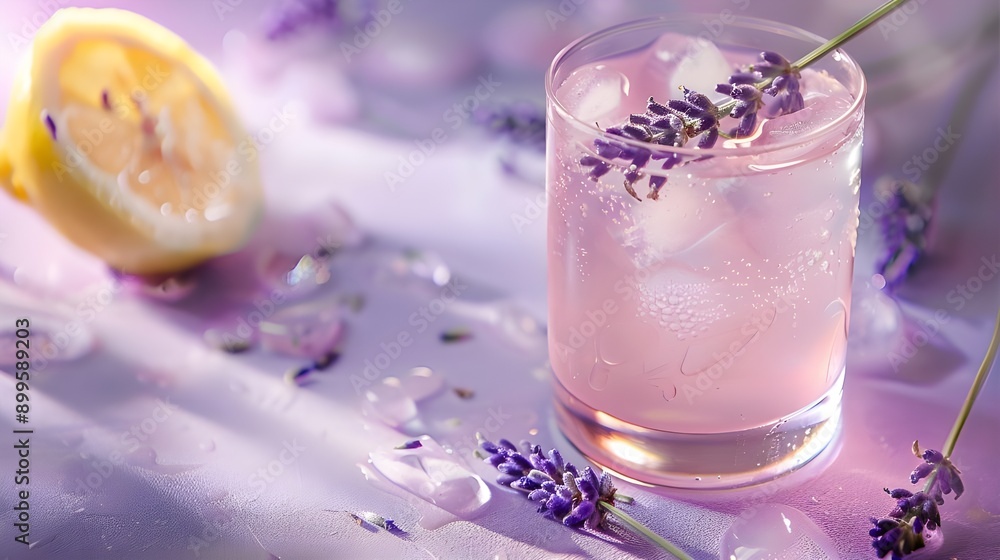 A lavender lemonade with lavender sprigs and ice, served in a clear glass against a delicate purple background. A lavender lemonade with lavender sprigs and ice, served in a clear glass against a delicate purple background.
