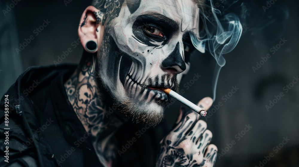 A person with skull face paint and tattoos smokes a cigarette, creating an intense and eerie moment in a subdued environment. A person with skull face paint and tattoos smokes a cigarette, creating an intense and eerie moment in a subdued environment.