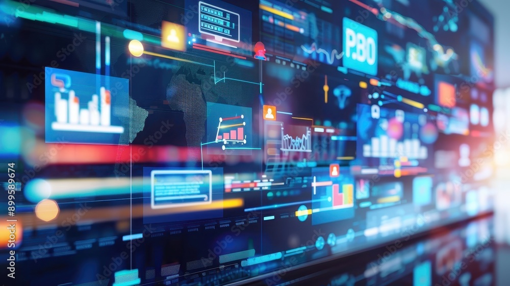 Abstract digital interface showcasing data visualization and information technology concepts with charts and graphs on a high-tech screen. Abstract digital interface showcasing data visualization and information technology concepts with charts and graphs on a high-tech screen.