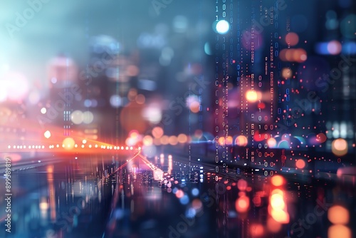 Wallpaper Mural Abstract blurred background of a cityscape with light streaks and glowing elements, showcasing a technology concept with digital identity style, high resolution, dark blue and gold color theme Torontodigital.ca