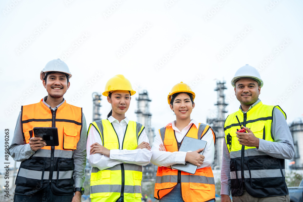 Group of Asian engineer people with safety helmet standing front of oil refinery. Industry zone gas petrochemical. Factory oil storage tank and pipeline. Workers team work in refinery construction Group of Asian engineer people with safety helmet standing front of oil refinery. Industry zone gas petrochemical. Factory oil storage tank and pipeline. Workers team work in refinery construction