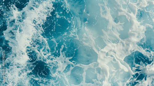 A close-up of ocean waves crashing, captured in mid-motion, conveys the raw energy and dynamic movement of the sea amidst frothy blue and white waters.