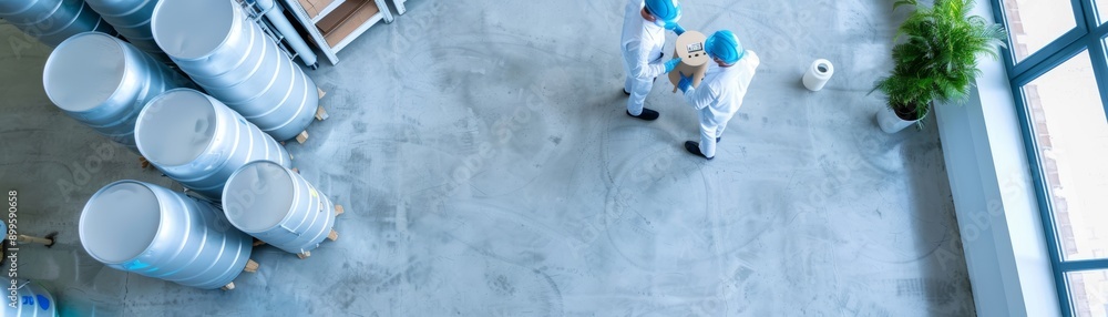 Aerial view of professionals inspecting barrels in a bright, modern warehouse setting with green plants. Aerial view of professionals inspecting barrels in a bright, modern warehouse setting with green plants.