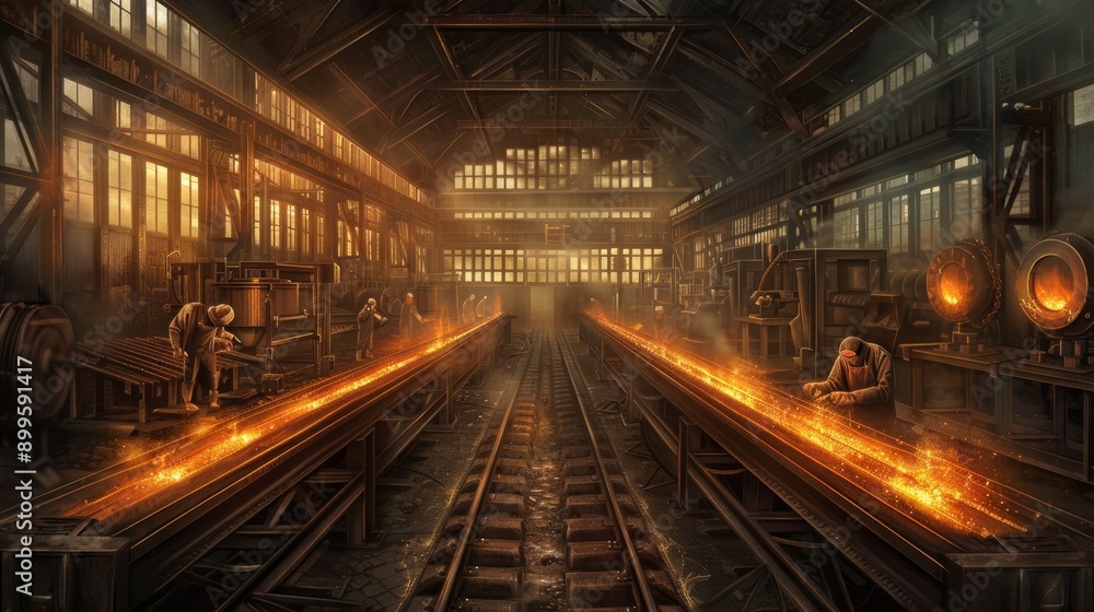An industrial scene showing workers in a factory creating metal products with glowing molten metal in a vibrant workshop environment. An industrial scene showing workers in a factory creating metal products with glowing molten metal in a vibrant workshop environment.