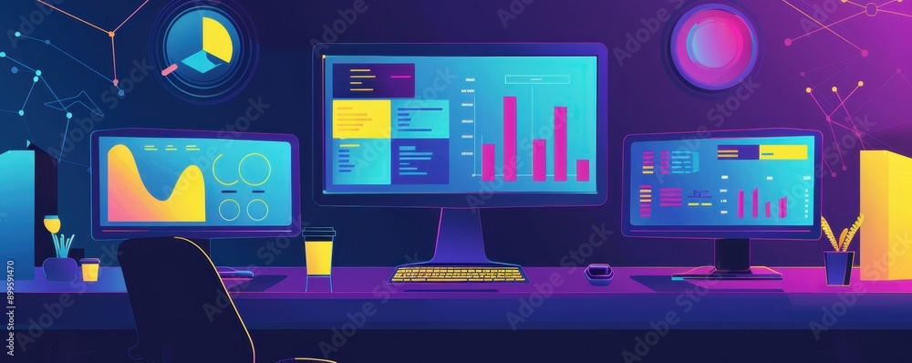 Modern workspace with digital analytics dashboards on multiple screens, displaying graphs and charts under a vibrant lighting setup. Modern workspace with digital analytics dashboards on multiple screens, displaying graphs and charts under a vibrant lighting setup.