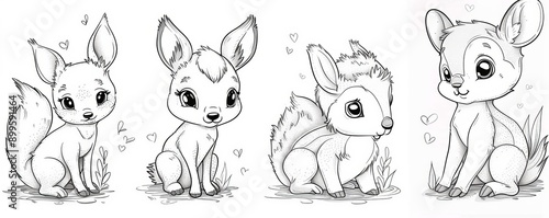 Forest animals - cute Fawn Deer, Hare, Squirrel and Hedgehog, simple thick lines kids or children cartoon coloring book pages. Clean drawing can be ized to illustration easily. Generative AI photo