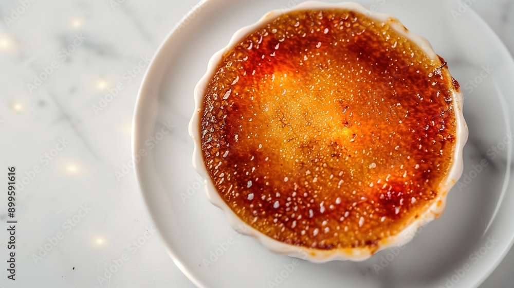 Delicious Crème Brûlée in White Ramekin on Marble Table Delicious Crème Brûlée in White Ramekin on Marble Table