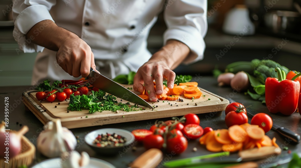 A chef is slicing carrots on a wooden cutting board. A chef is slicing carrots on a wooden cutting board.