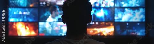 Silhouette of person watching multiple screens with diverse content, representing surveillance or multimedia monitoring in dark room.