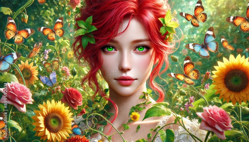 Fantasy Woman in Vibrant Flower Garden