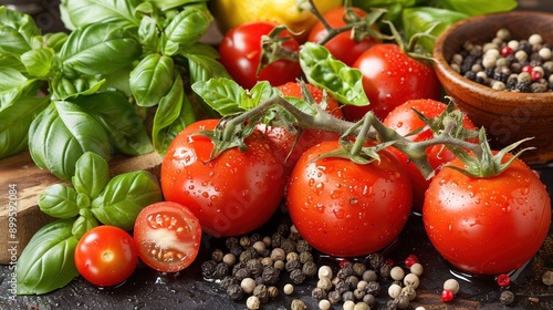 Fresh Tomatoes and Basil with Peppercorns on Rustic Table