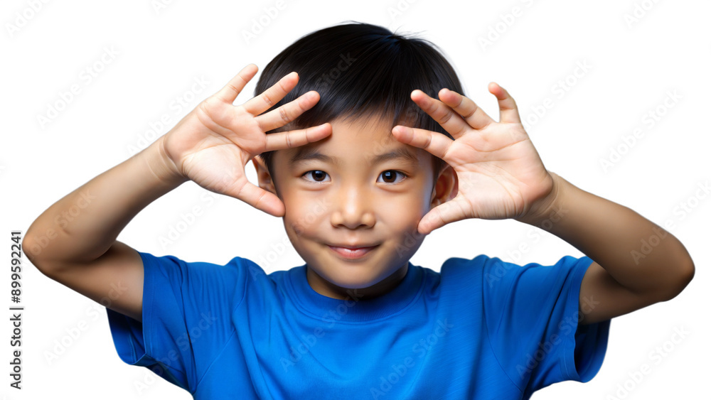Young Child Smiling and Playing in Bright Blue Shirt With Hands Framed Around Face