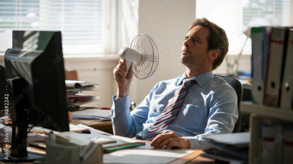 Fototapeta premium A man sitting at a desk with his hand on the fan, AI