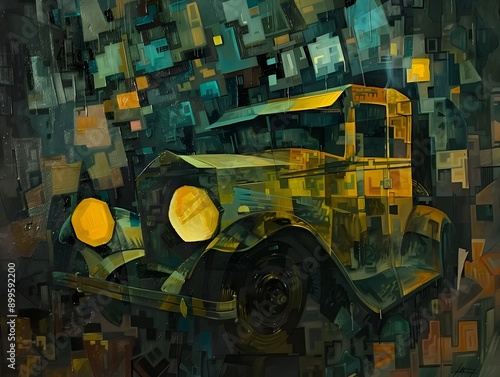 Cubist Industrial Car Cityscape with Glowing Headlights in the Dark Painting photo