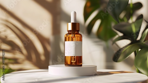 A stylish amber glass dropper bottle filled with essential oil, set against a blurred background with leafy green plants, emphasizing its natural and organic essence.