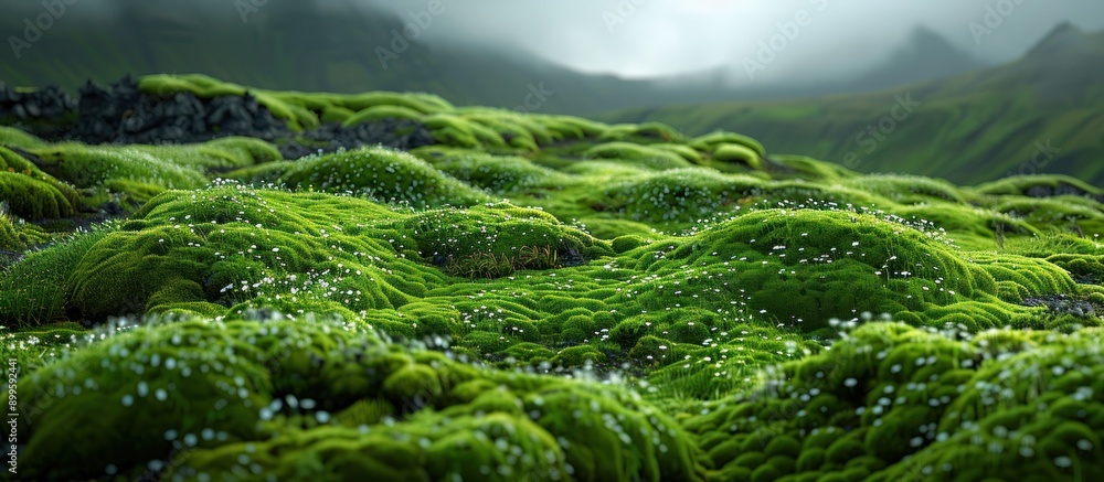 A Lush Green Landscape of Moss and Tiny White Flowers A Lush Green Landscape of Moss and Tiny White Flowers