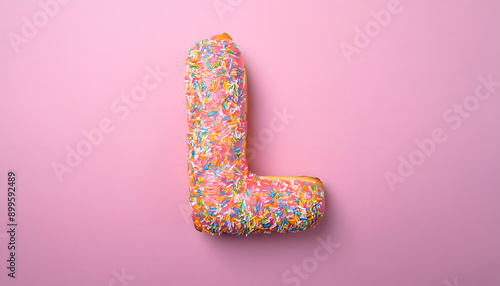 Frosted sprinkled donut in the shape of the letter L photo