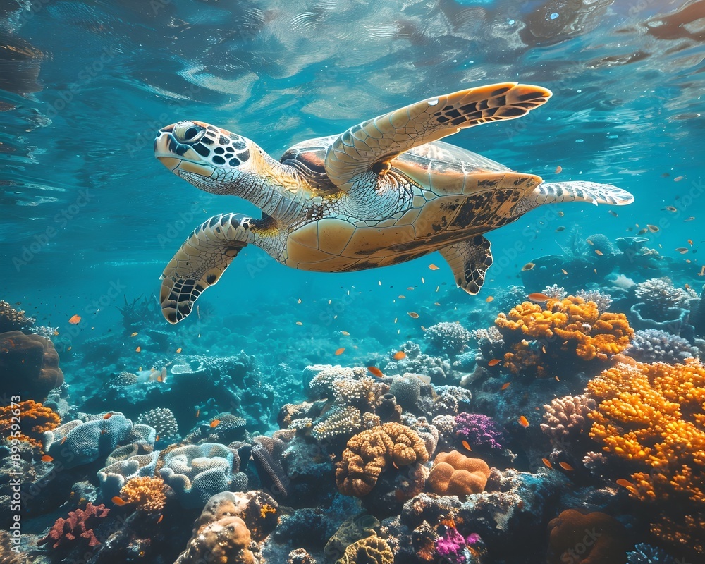Fototapeta premium Majestic Sea Turtle Gliding Through Vibrant Coral Reef Underwater Ecosystem