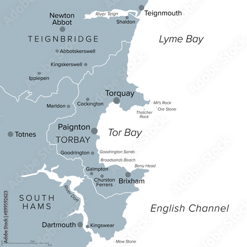 English Riviera in Torbay, England, gray political map. Geopark and popular tourist destination around Tor Bay on the English Channel, with the towns Torquay, Paignton and Brixham in the county Devon.
