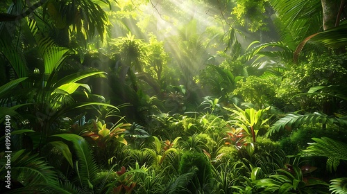 A dense, green forest with sunlight streaming through the canopy, highlighting the lush undergrowth and variety of plants on the forest floor. © Shahryar