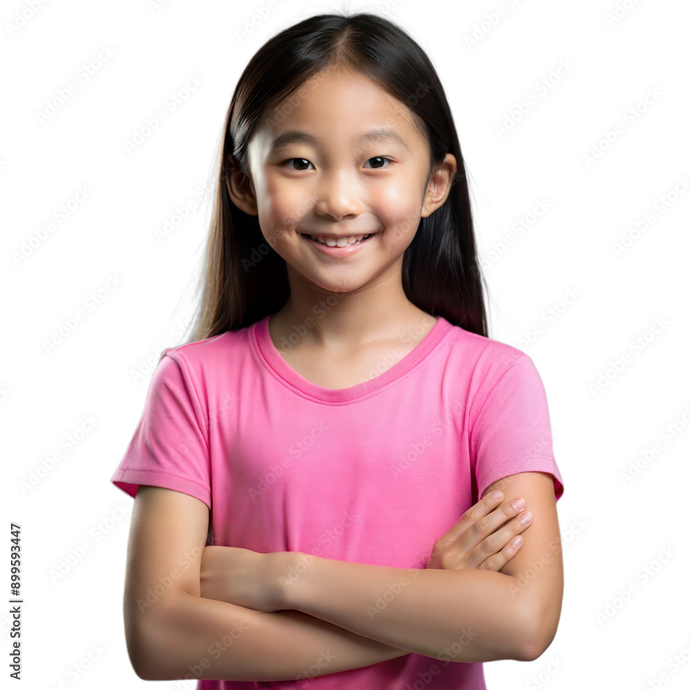 Young Girl in Pink Shirt Smiling With Arms Crossed Against Transparent Background Young Girl in Pink Shirt Smiling With Arms Crossed Against Transparent Background