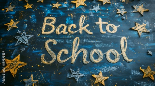 Chalkboard with the words Back to School written in gold chalk, surrounded by gold and silver stars.