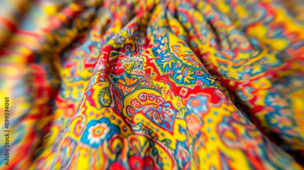 Close-up of a colorful paisley fabric with red, yellow, blue, and green tones. Close-up of a colorful paisley fabric with red, yellow, blue, and green tones.