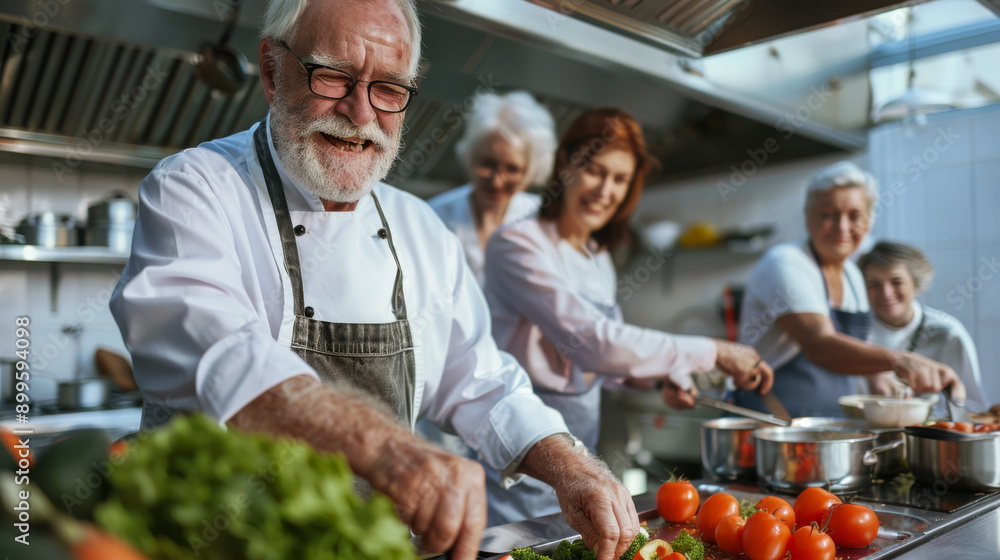 Fototapeta premium A group of joyful seniors in a professional kitchen, cooking together, and sharing laughter, reflecting camaraderie and passion for culinary arts.