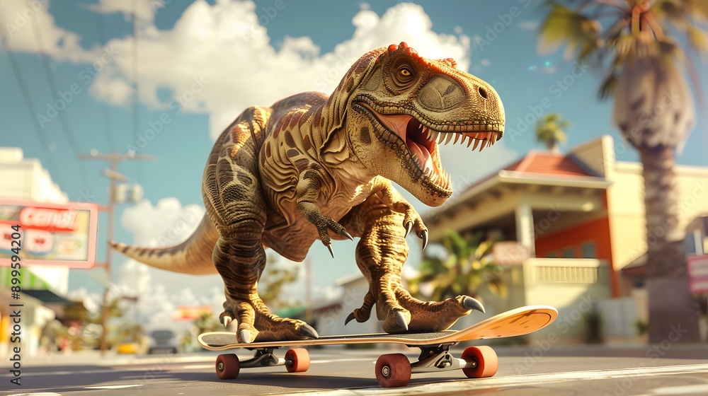 Fototapeta premium Humorous T rex Dinosaur riding on skateboard. Cool 80’s illustration style 