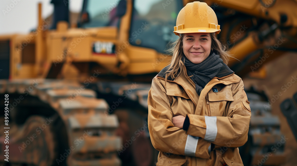 portrait of smiling woman wearing hard hat and jacket standing in front of bulldozer, portrait of smiling woman wearing hard hat and jacket standing in front of bulldozer,