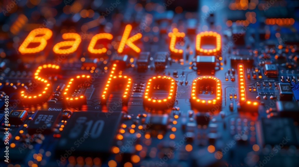 The words Back to School are spelled out in bright orange LED lights, illuminating a dark blue circuit board. The words Back to School are spelled out in bright orange LED lights, illuminating a dark blue circuit board.