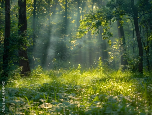 Lush Green Forest with Soft Focus Sunbeams and Dreamy Atmosphere