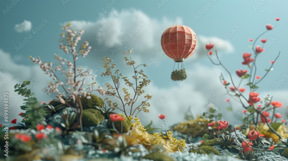 Fototapeta premium A red hot air balloon floats above a field of flowers and mossy rocks under a cloudy sky.