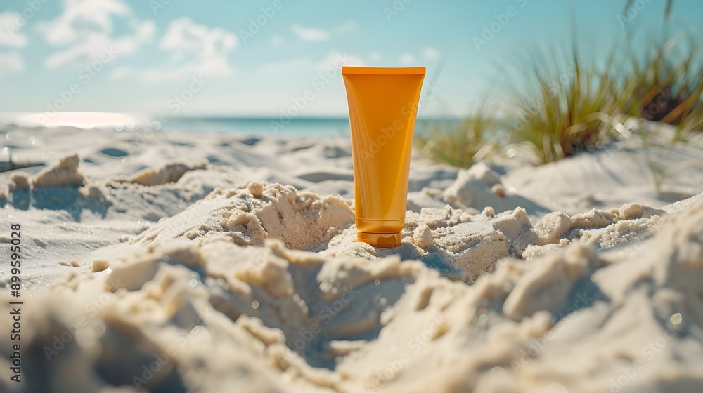 An orange sunscreen tube standing upright on a sandy beach with dunes in the background, symbolizing sun protection and beach enjoyment An orange sunscreen tube standing upright on a sandy beach with dunes in the background, symbolizing sun protection and beach enjoyment