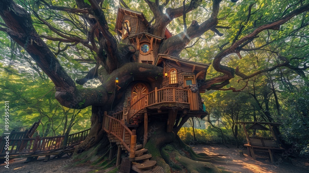 Fototapeta premium Vibrant, enchanted treehouse nestled high in a massive, ancient tree
