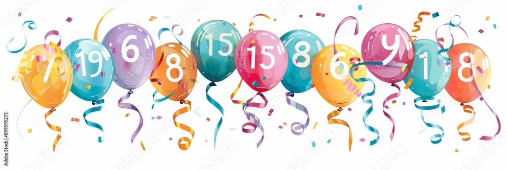 Naklejka premium Festive balloons, ribbons, and confetti with numbers 15, 16, and 18, ideal for milestone birthday