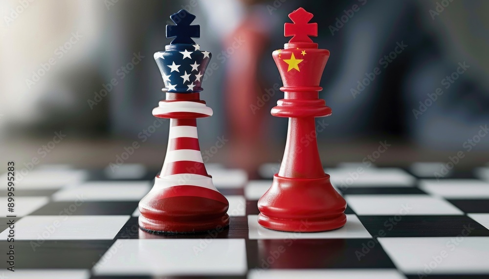 The United States flag and the Chinese flag are screen printed on a pawn chess piece. Represents trade war tariff barriers between the United States and China. The United States flag and the Chinese flag are screen printed on a pawn chess piece. Represents trade war tariff barriers between the United States and China.