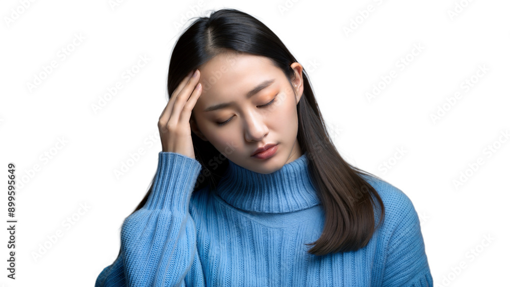 Young Woman Wearing Blue Sweater Touching Head in Thoughtful Moment Young Woman Wearing Blue Sweater Touching Head in Thoughtful Moment