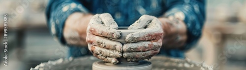 A close-up of hands shaping a clay pot on a pottery wheel, showcasing artistry and craftsmanship in the magical process of pottery.