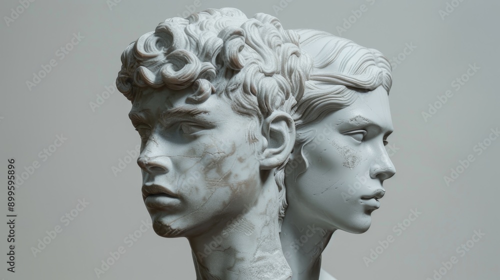 Two marble busts face opposite directions, creating a striking juxtaposition of profiles. The sculptures are rendered in a realistic style, with intricate details. Two marble busts face opposite directions, creating a striking juxtaposition of profiles. The sculptures are rendered in a realistic style, with intricate details.