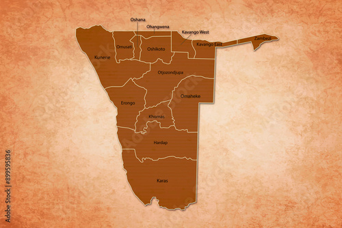 Namibia Map. Namibia Map with federal states in A vintage Color Texture Background