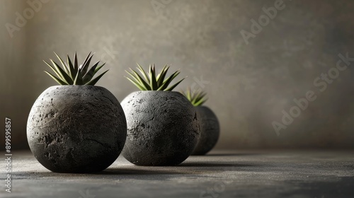 Three round, textured planters with small plants arranged in a row against a textured wall.