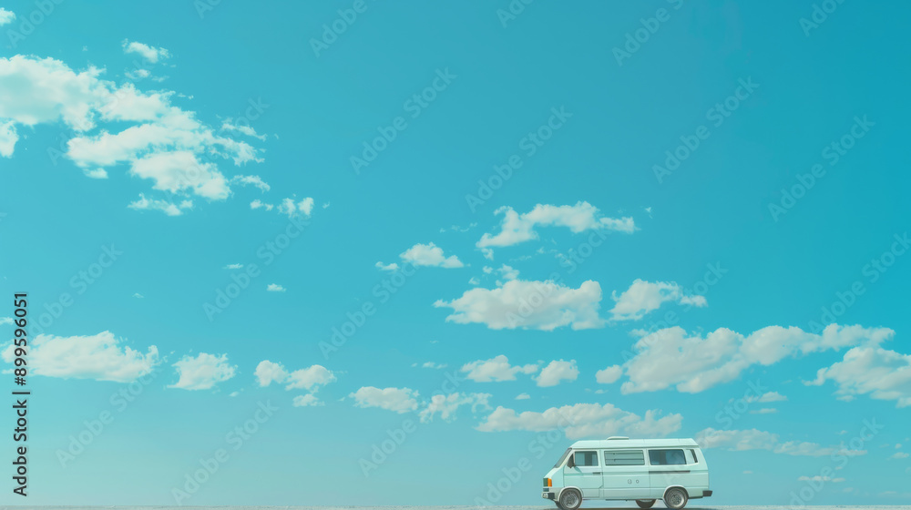 Fototapeta premium A solitary white van travels across a vast, barren landscape under a clear blue sky punctuated with fluffy clouds.