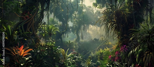 Fototapeta Naklejka Na Ścianę i Meble -  A dense jungle with towering trees, vines hanging from branches, and a rich diversity of tropical plants and flowers.