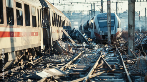 Several trains are entangled on damaged tracks in a major train accident scene, surrounded by debris.