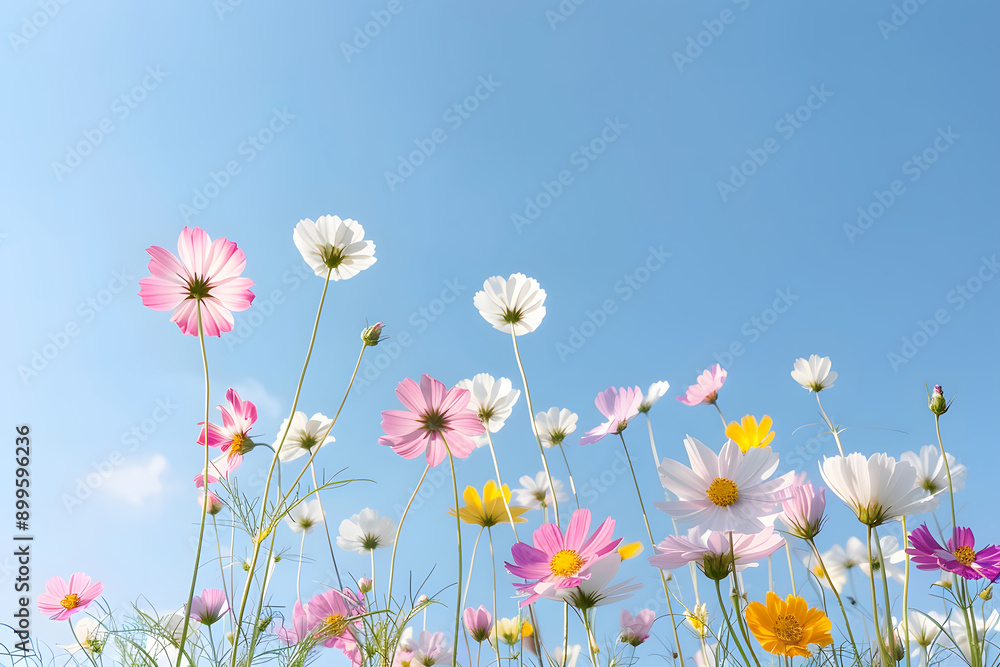 Blossoming Wildflowers Under A Clear Blue Sky On A Sunny Summer Day Cosmos Flowers Blossoming Wildflowers Under A Clear Blue Sky On A Sunny Summer Day Cosmos Flowers