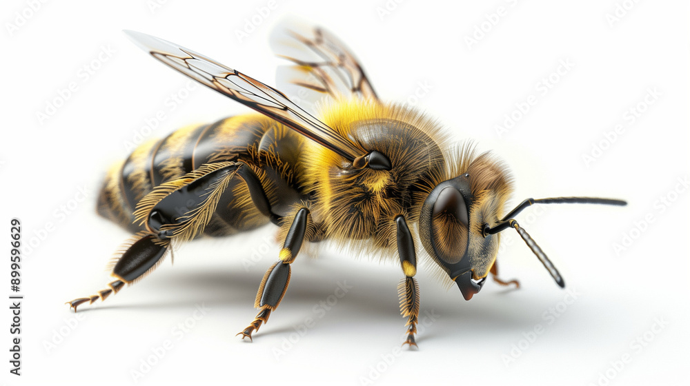 Macro Image of Honeybee with Fuzzy Body, Yellow and Black Stripes, and Delicate Wings Isolated on White Background, Generated AI Macro Image of Honeybee with Fuzzy Body, Yellow and Black Stripes, and Delicate Wings Isolated on White Background, Generated AI