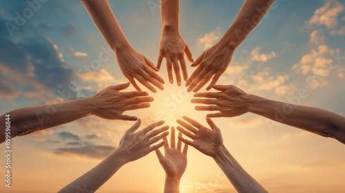 A circle of hands reaching towards a sun, symbolizing unity, hope, and collaboration against a beautiful sunset backdrop.